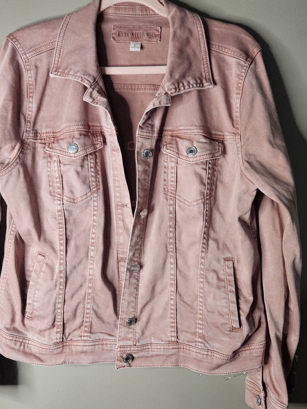 Maurices Faded Pink Denim Jacket Size Large Ptp 20" Length 28" 98% Cotton